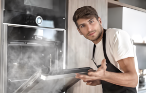 man baking cheesecake in oven